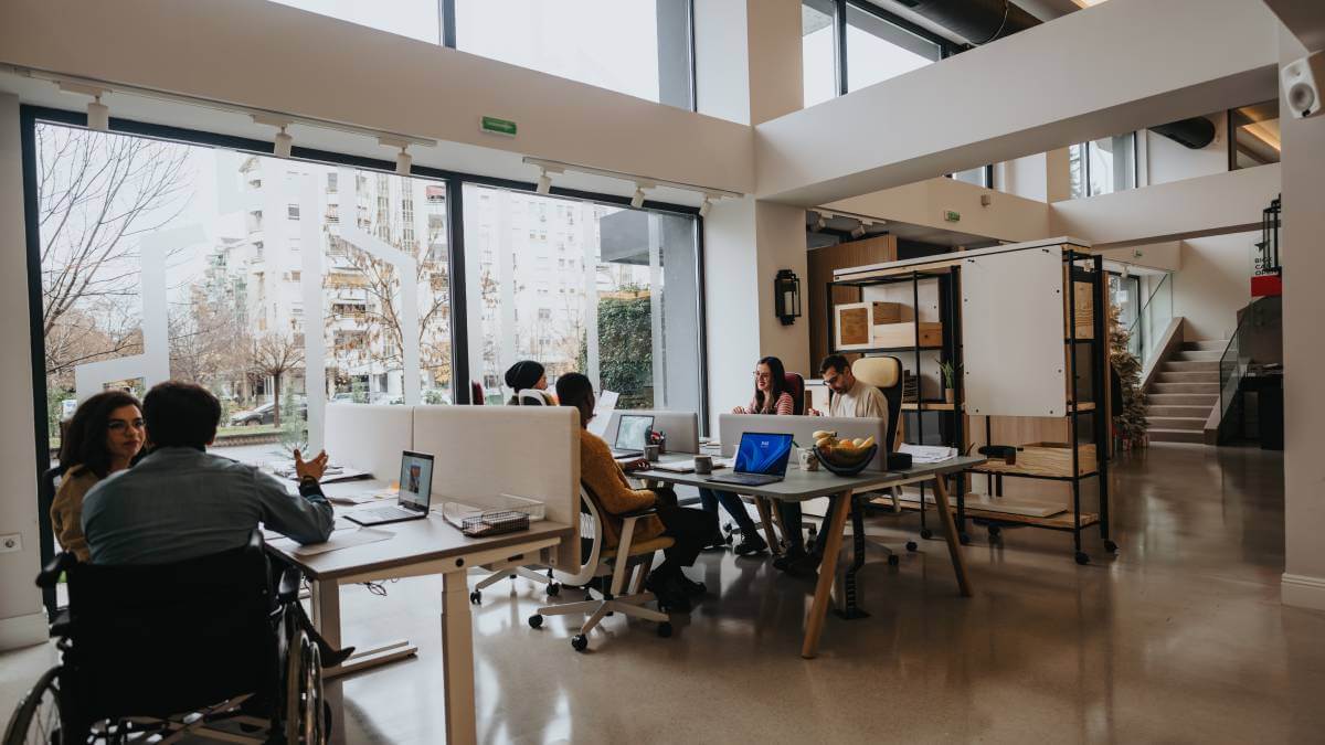 A picture of a team meeting inside an office