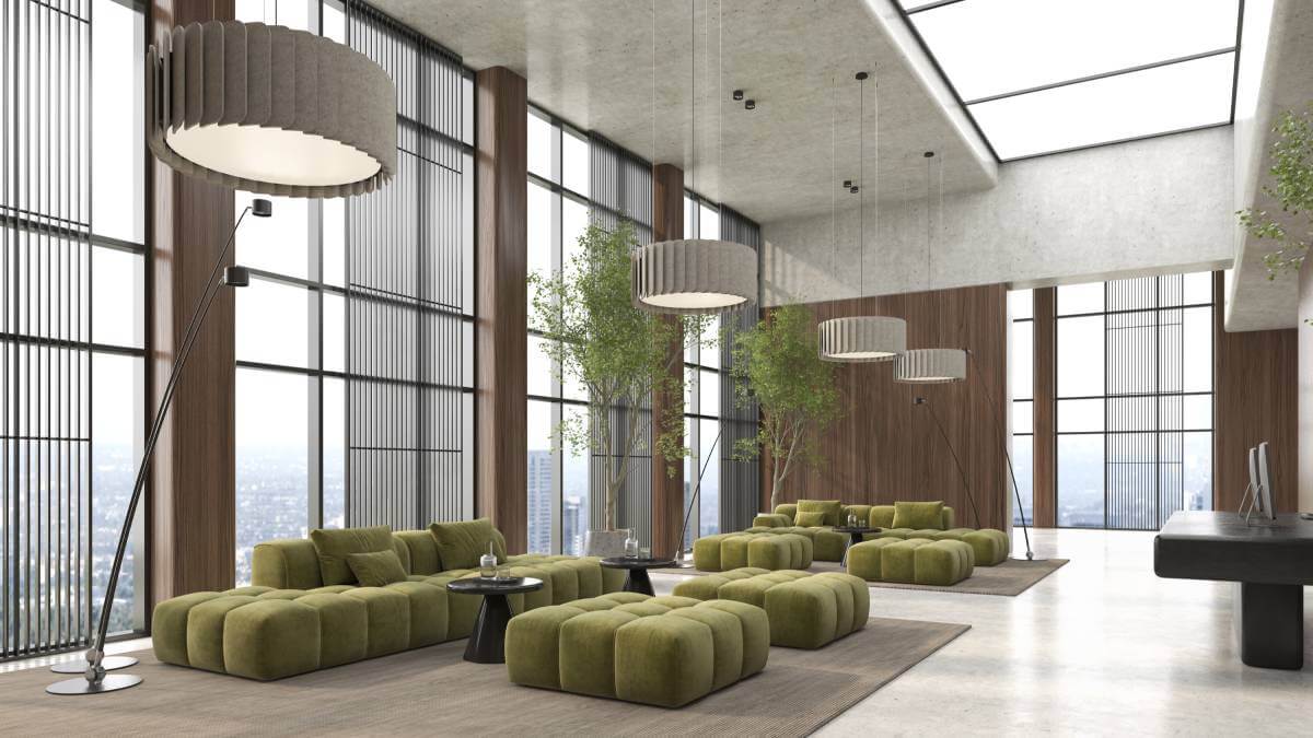 Office area with green sofas